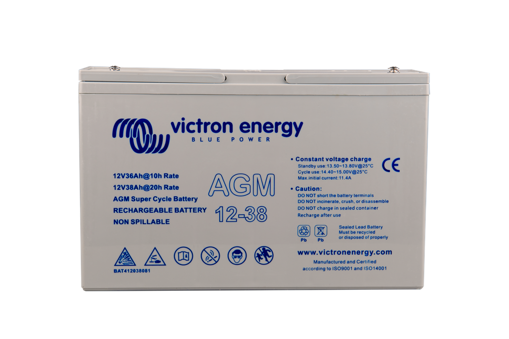 12V 38Ah AGM Super Cycle Battery (front)