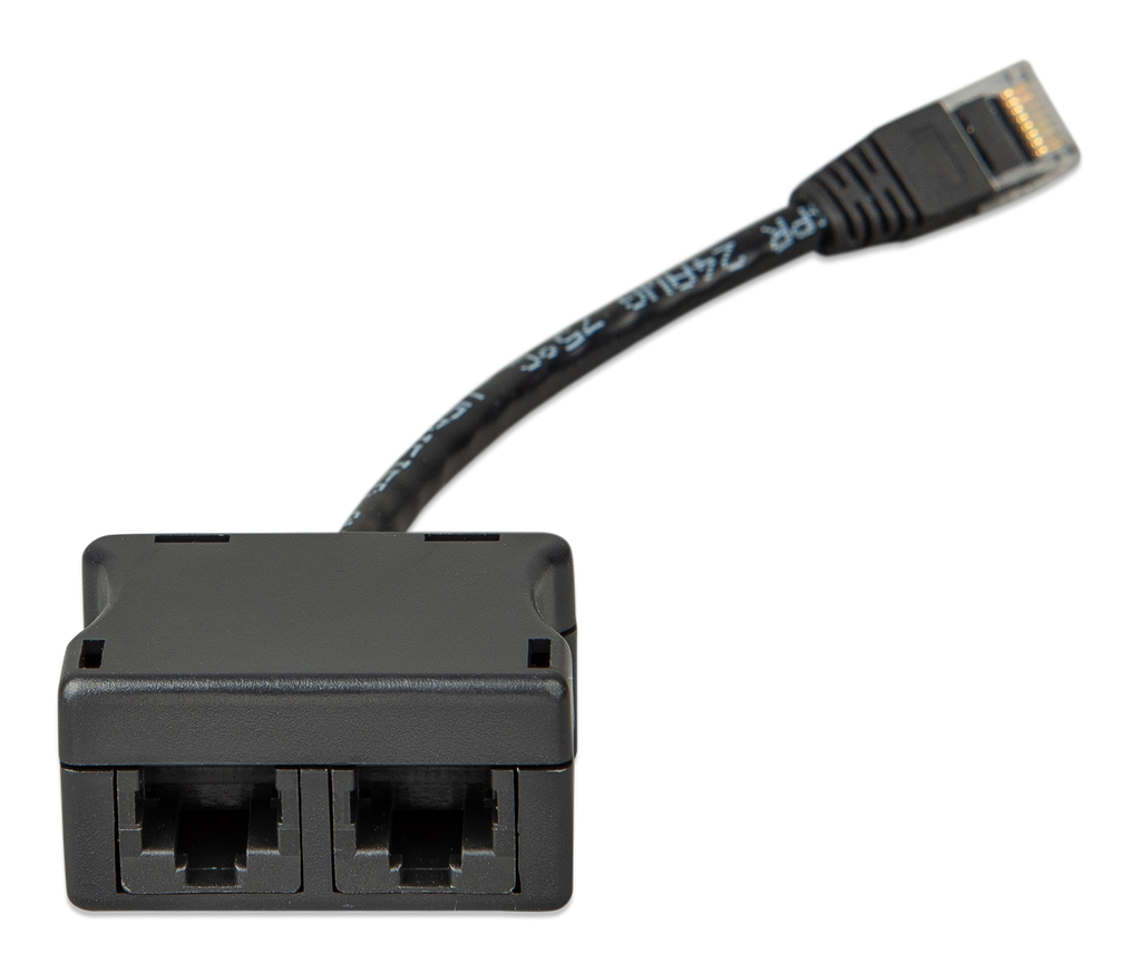 RJ45-splitter 1xRJ45 male15cm cable2xRJ45 female (front-angle)