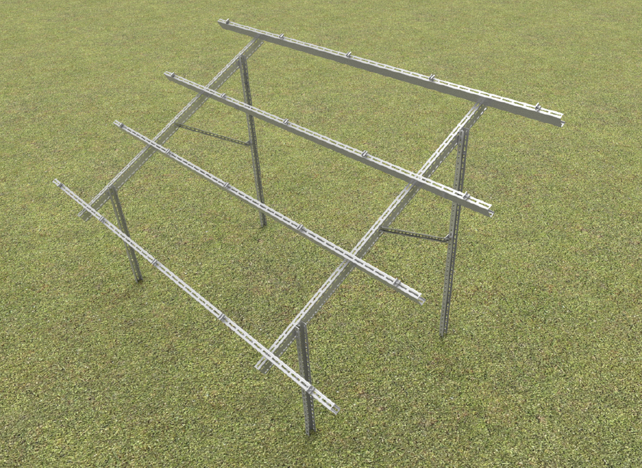 Structure 20 panneaux ( 2X10 panneaux en portrait V2S2N) - Incliné 25° - matériaux Magnélis - clames alu et visseries inox  comprises - AVEC 12 vis de fondation 76 mm x 800 mm en acier et galvanisé à chaud