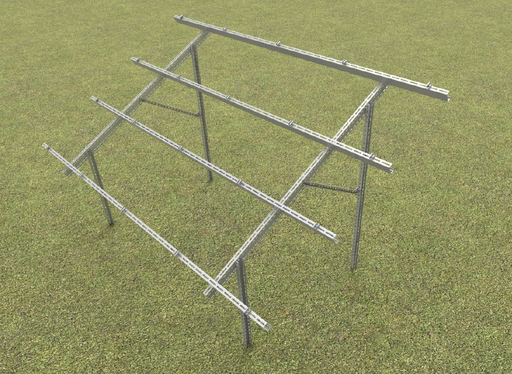 Structure 20 panneaux ( 2X10 panneaux en portrait V2S2N) - Incliné 25° - matériaux Magnélis - clames alu et visseries inox  comprises - AVEC 12 vis de fondation 76 mm x 800 mm en acier et galvanisé à chaud